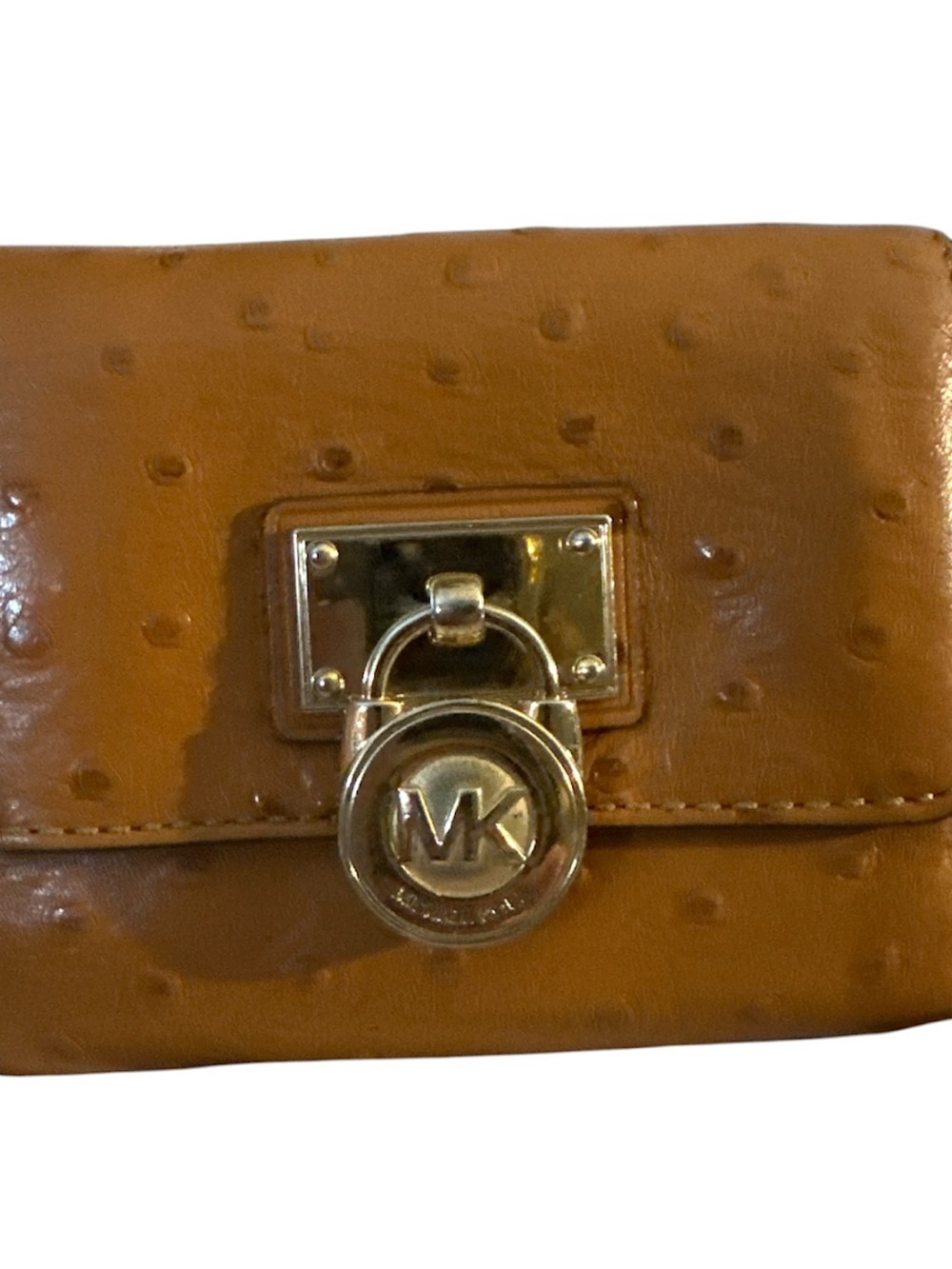 Michael Kors Brown Ostrich-Embossed Leather Wallet with MK Medallion gold acc